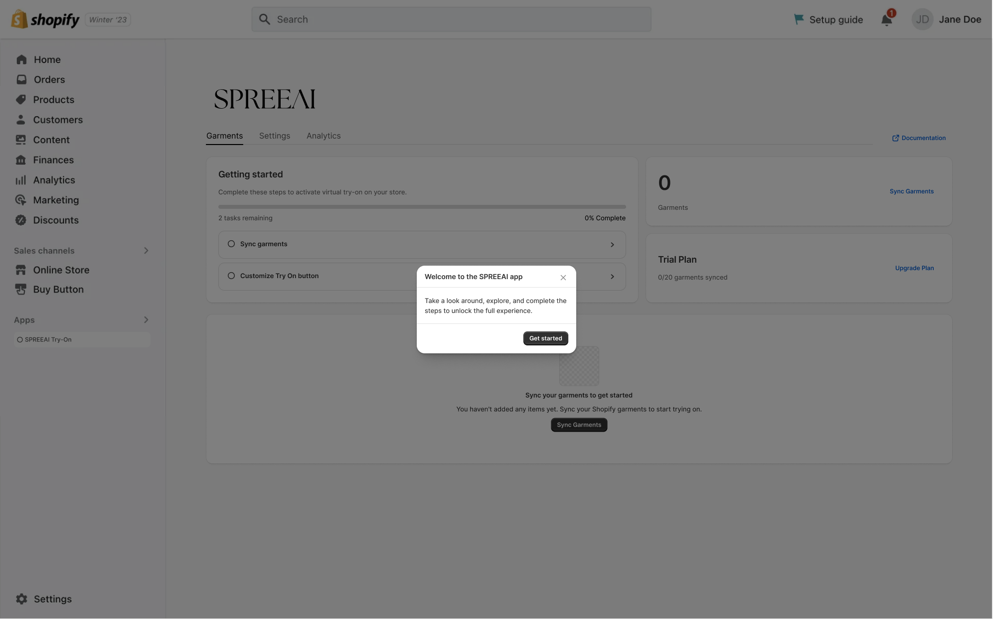 App dashboard with the welcome tour and Getting started checklist
