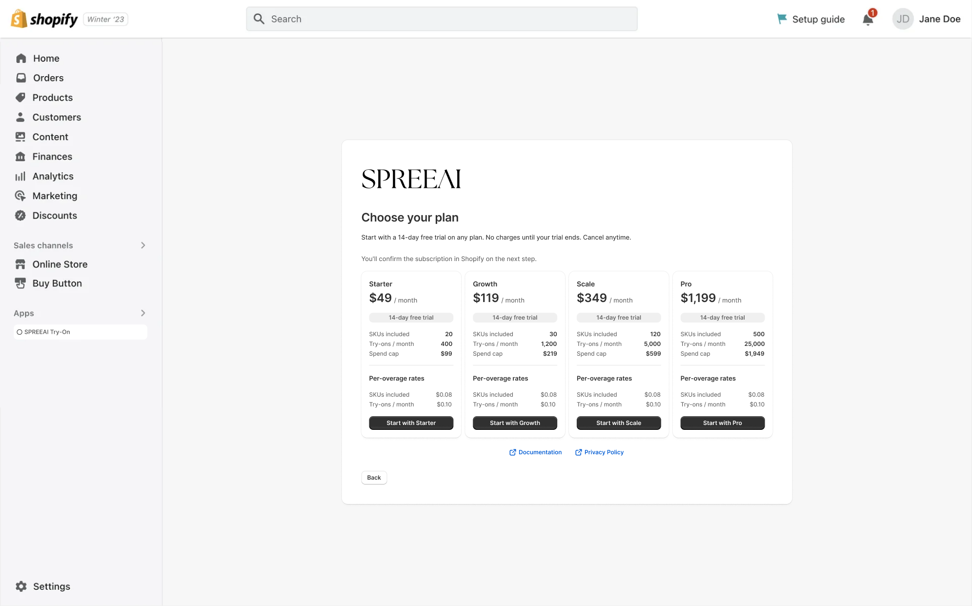 Choose your plan during onboarding