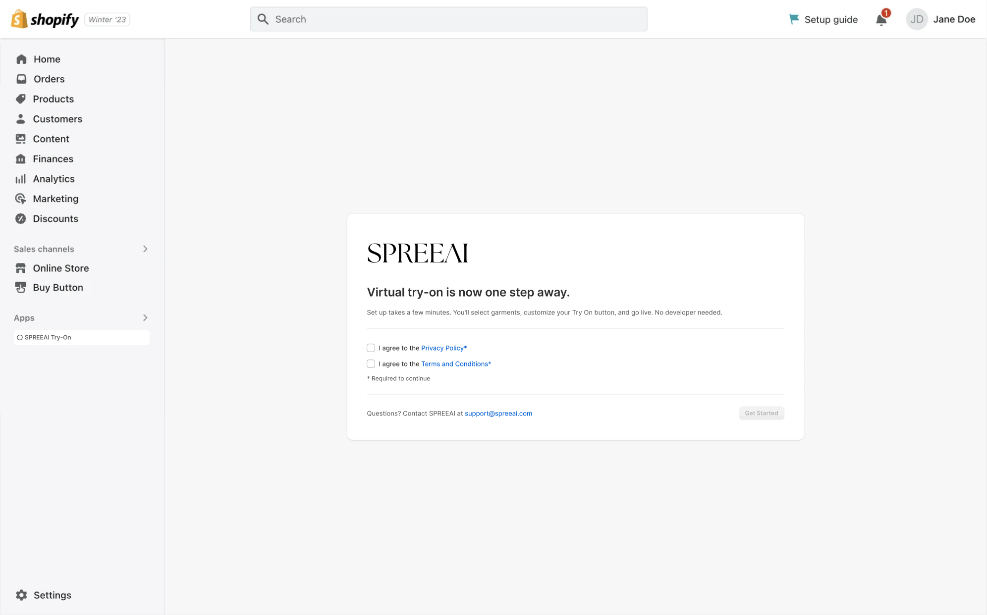 Welcome screen with the Privacy Policy and Terms agreements