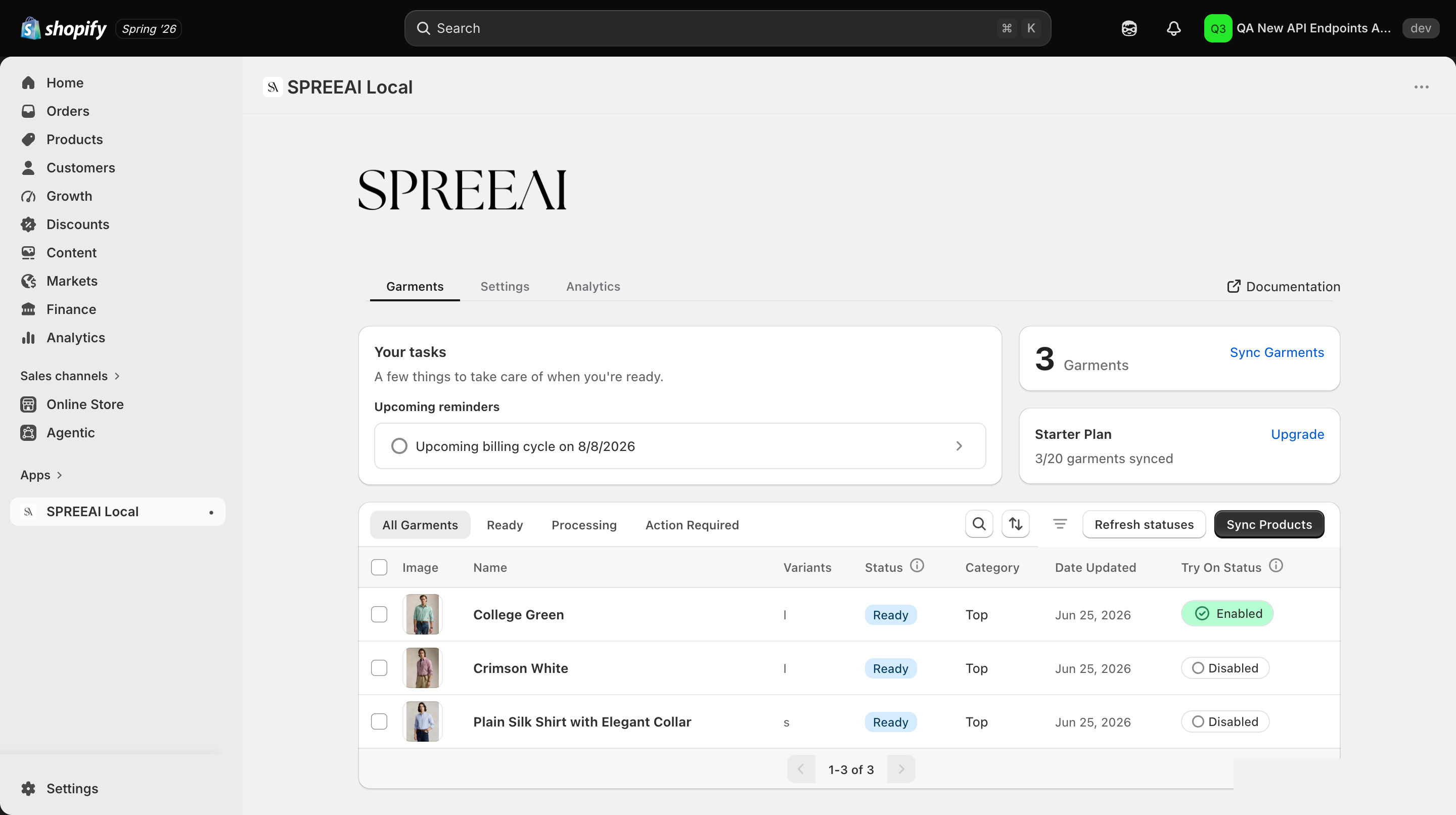 Synced garments listed on the Garments tab