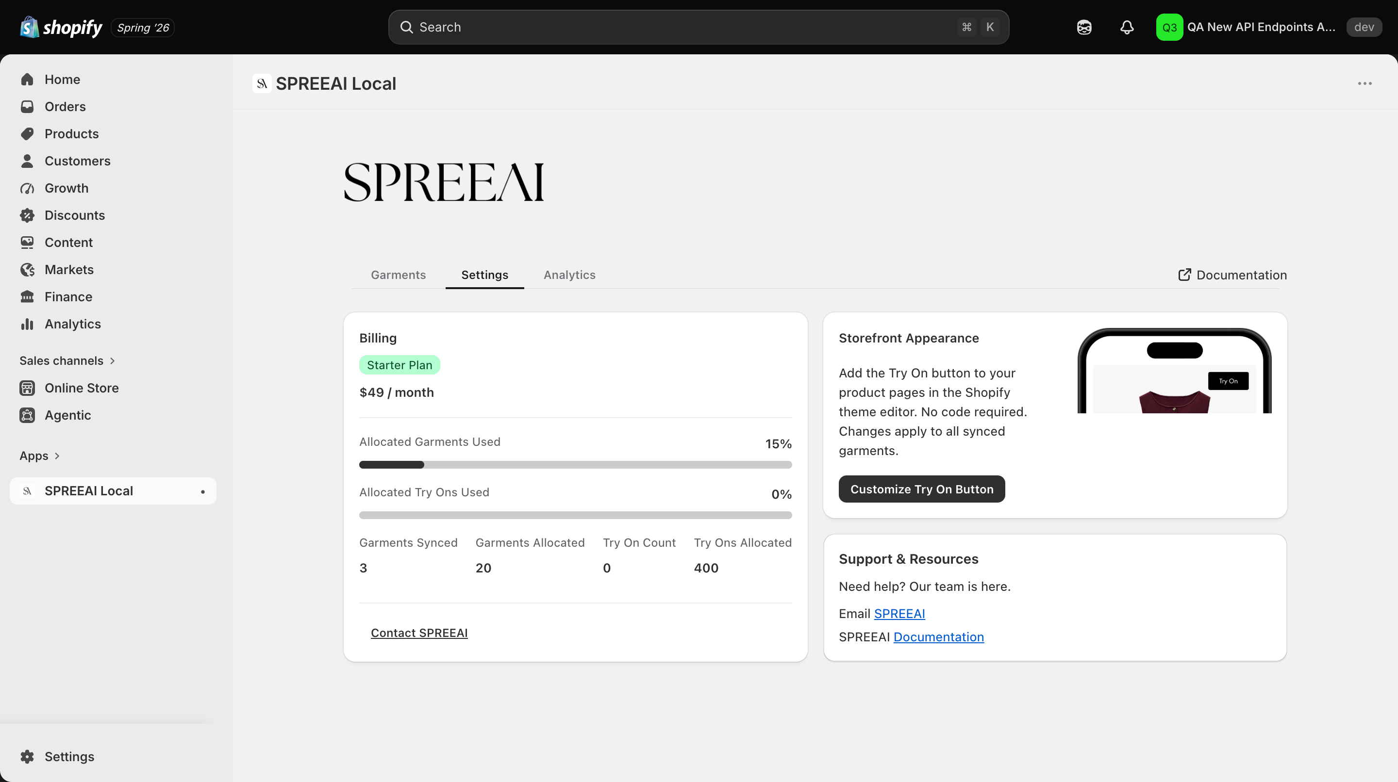 Storefront Appearance card on the Settings tab