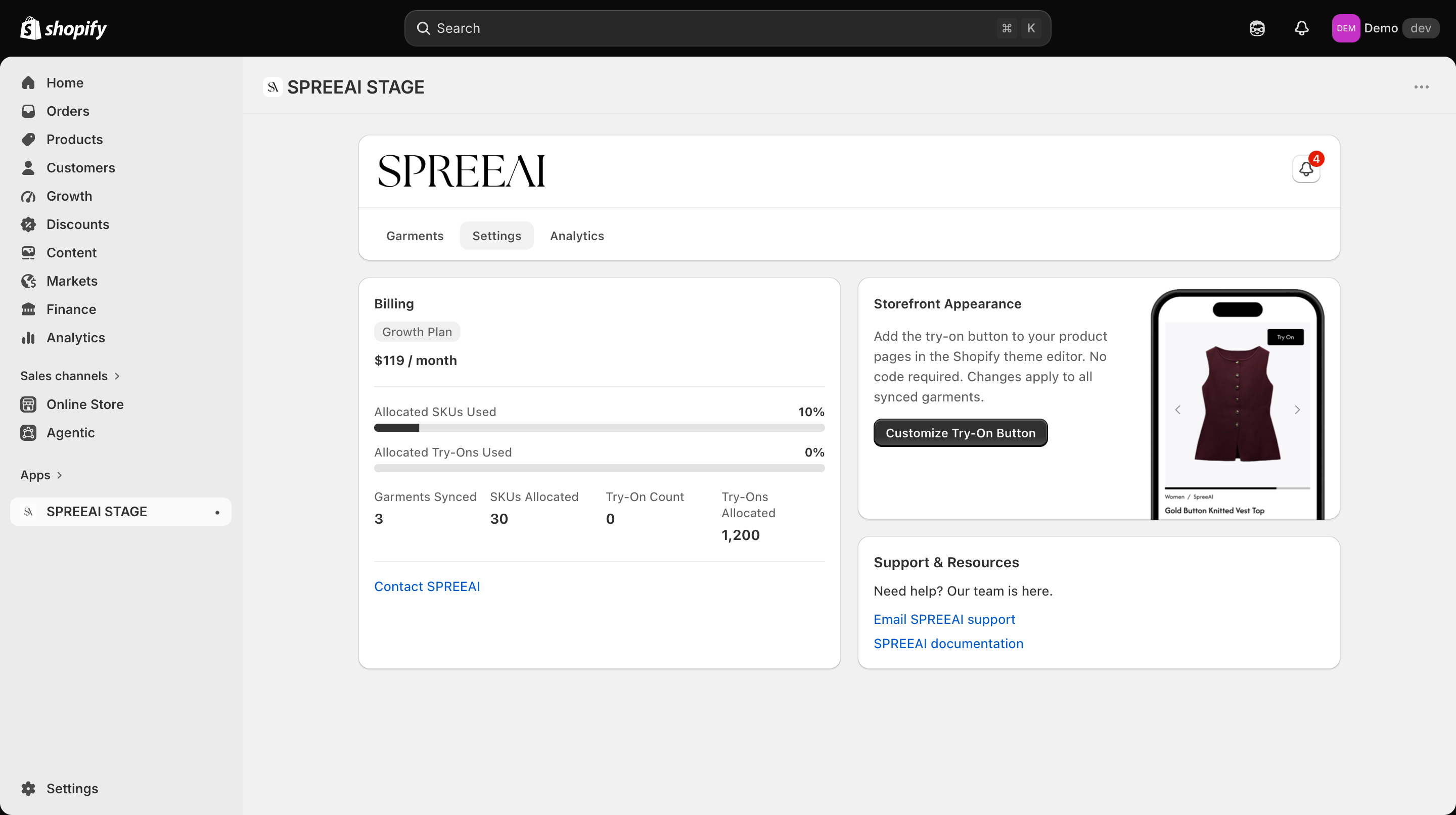 Storefront Appearance card on the Settings tab