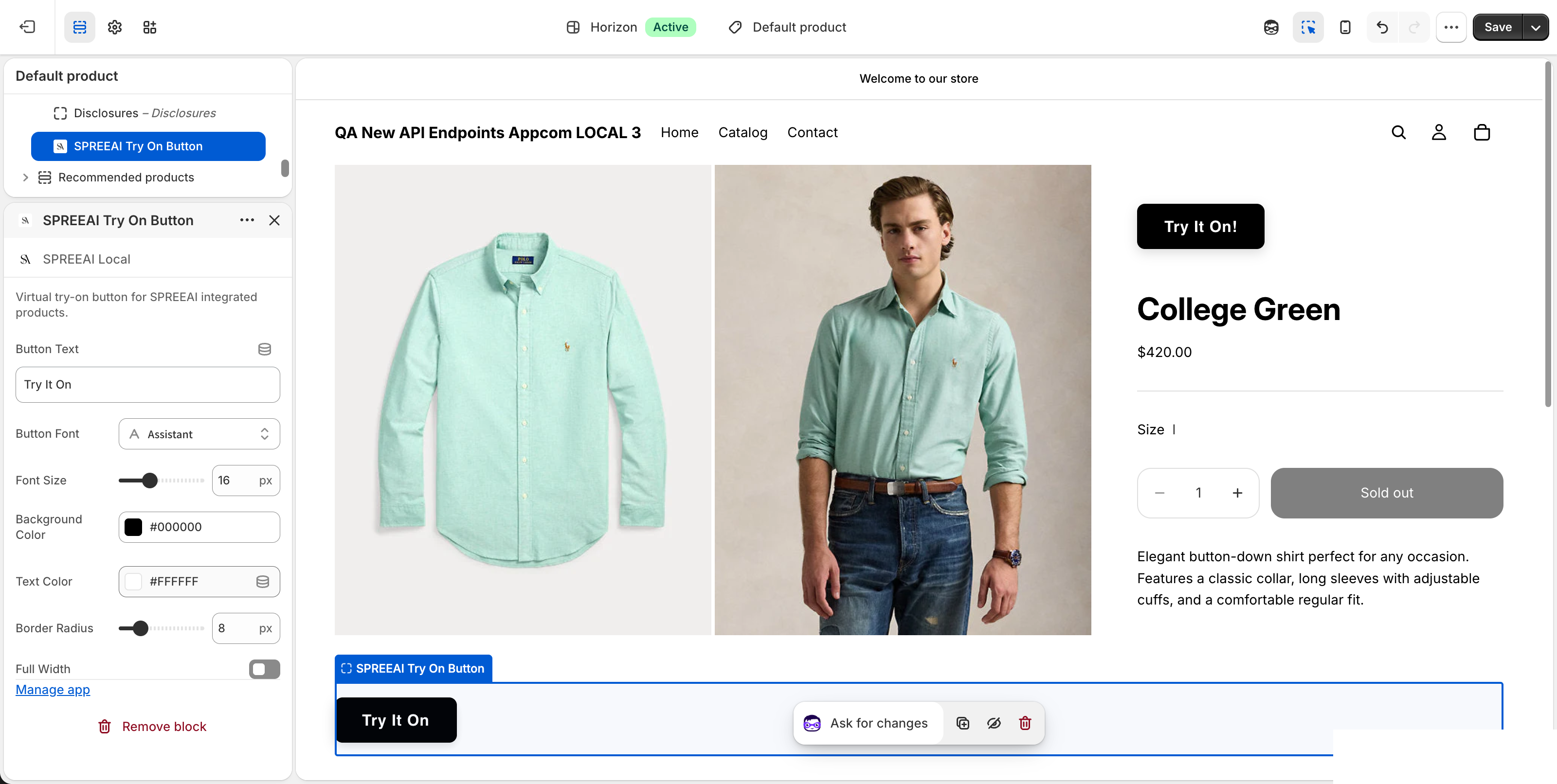 SPREEAI Try-On Button settings panel in the Shopify theme editor